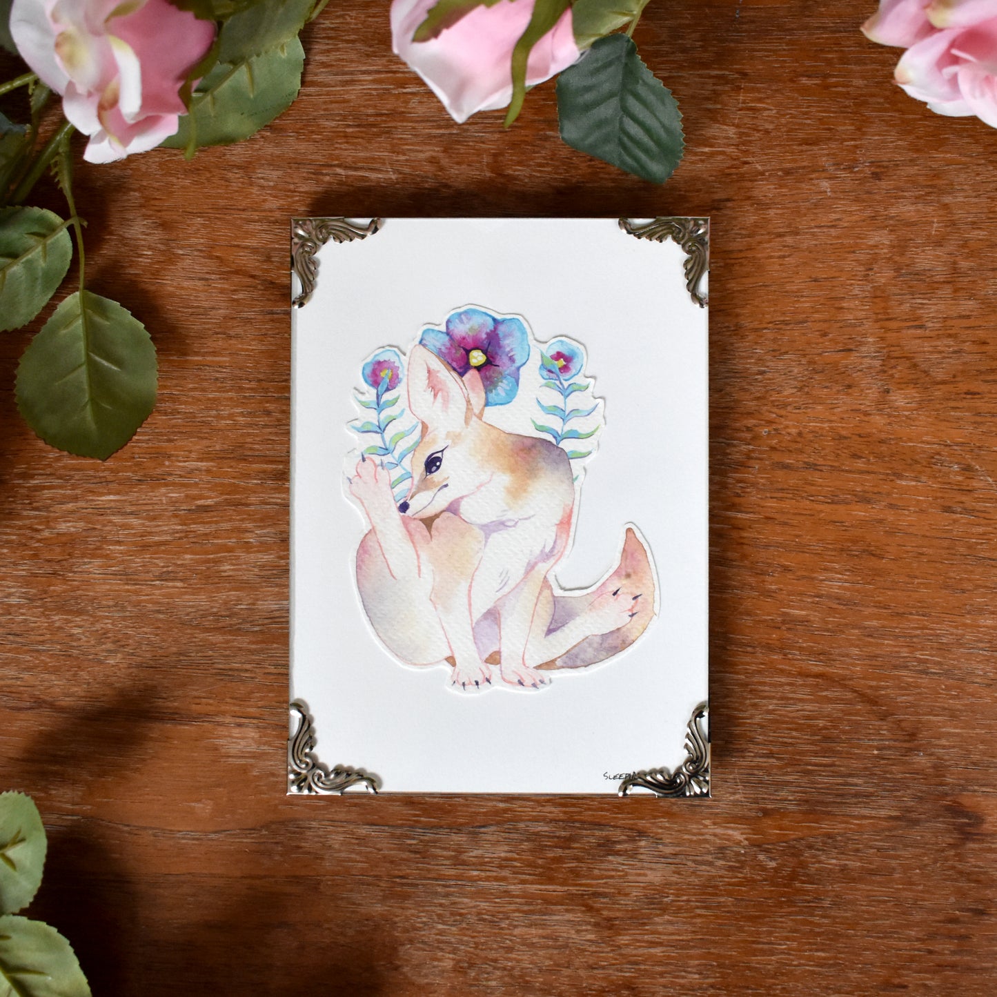 Floral Fennec Fox - Sniff - Original Watercolour Artwork