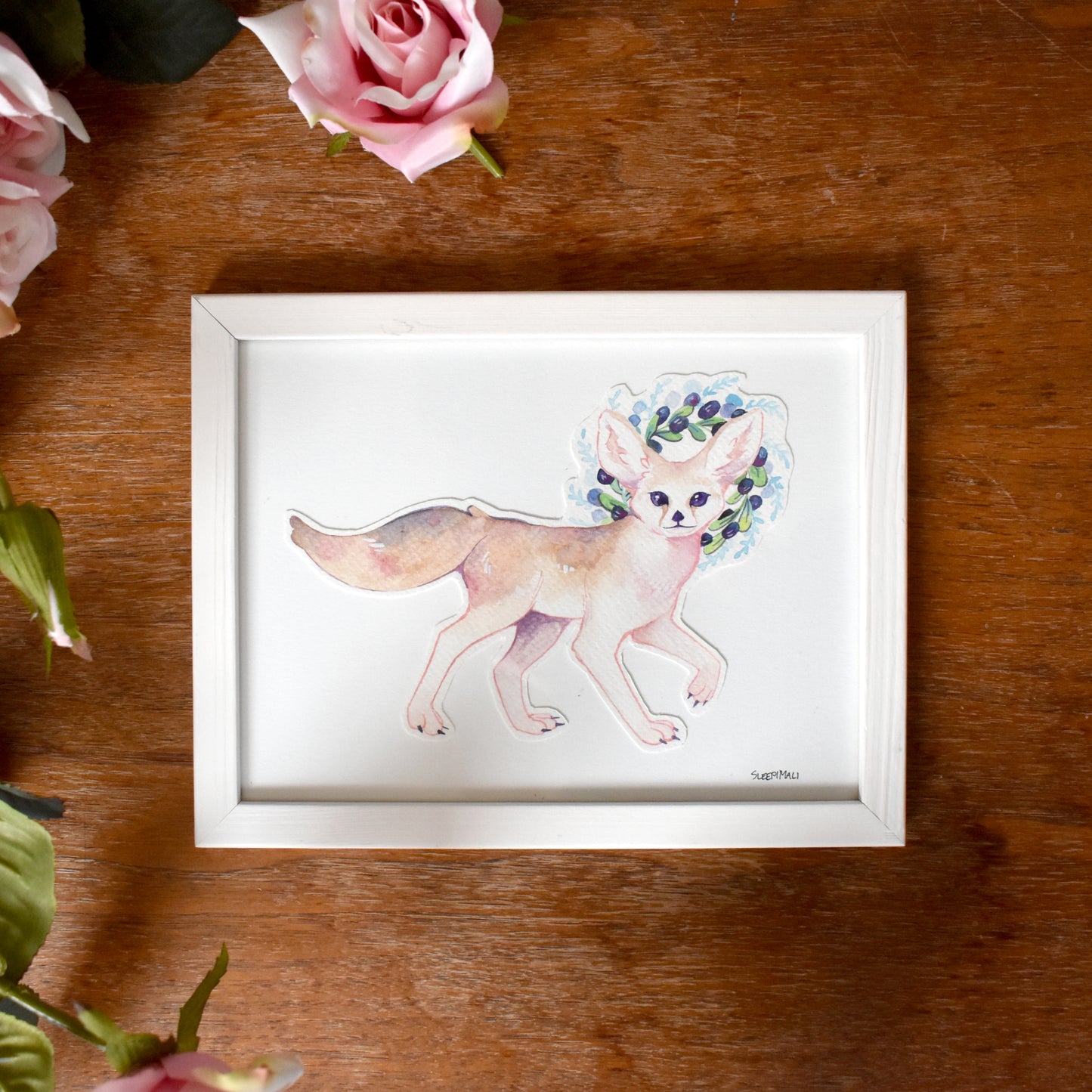 Floral Fennec Fox - Crown - Original Watercolour Artwork
