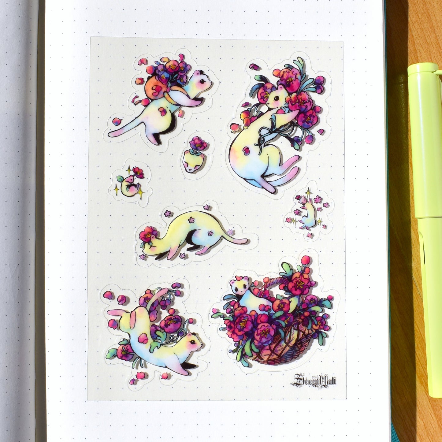 Floral Stoats - A6 sticker sheet