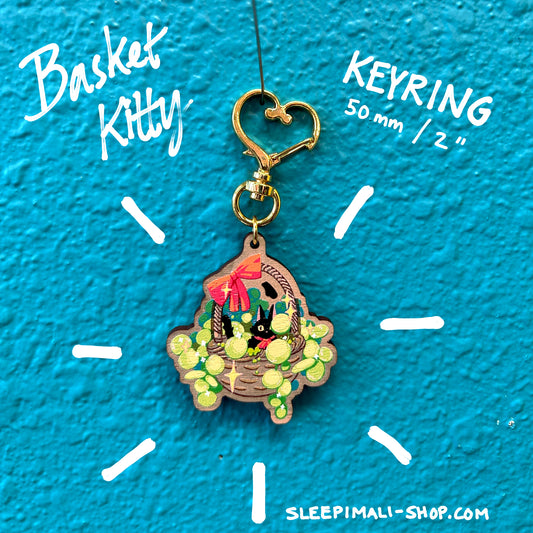 Basket Kitty Wooden Keychain