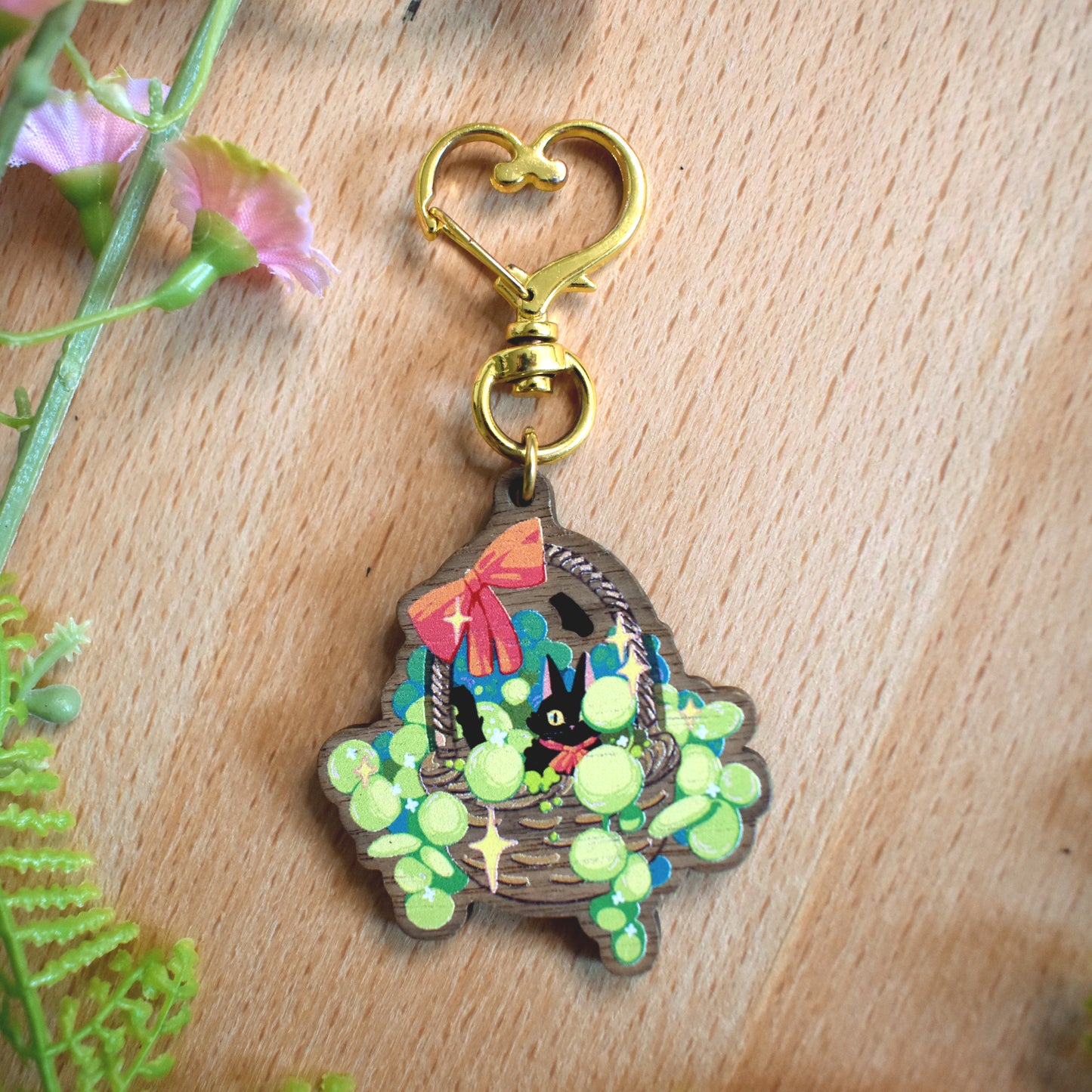 Basket Kitty Wooden Keychain